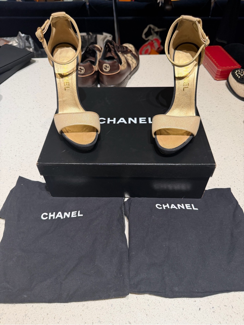 CHANEL Beige Gold Open-Toe Ankle-Strap Heels